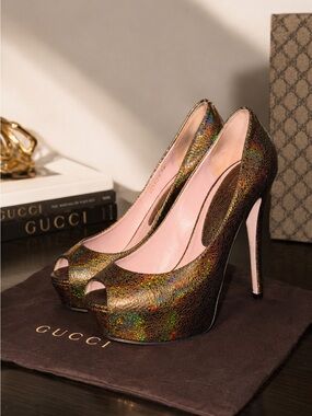 Gucci Iridescent Brown Peep-Toe Platform Pumps